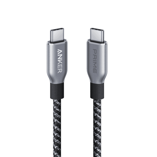 USB-C to USB-C cable with two silver connectors and black braided section