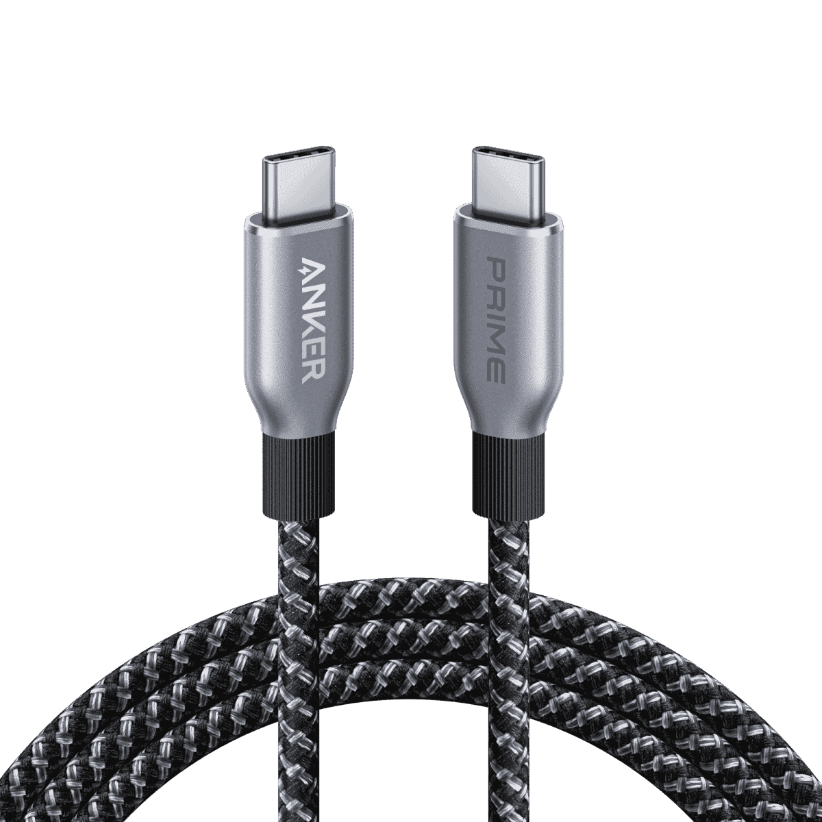 USB-C to USB-C cable with two silver connectors and black braided Y-split