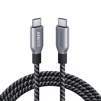 USB-C to USB-C cable with two silver connectors and black braided Y-split