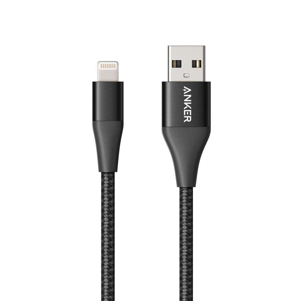 Black USB-A to Lightning cable showing USB-A plug and Lightning end with braided jacket