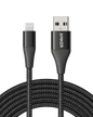 Black braided USB-A to Lightning cable connectors with metal tips