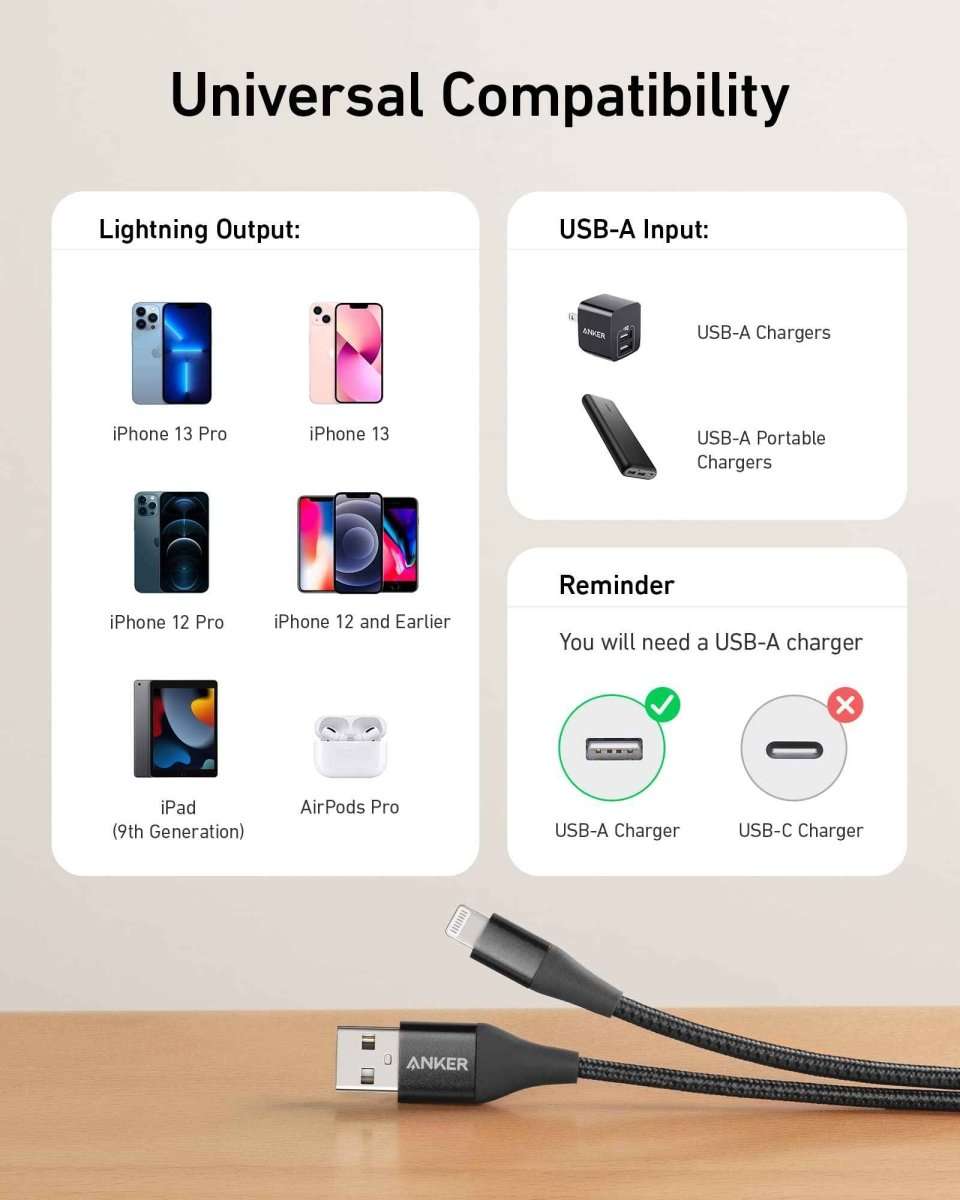 Black USB-A to Lightning charging cable lying with connectors visible