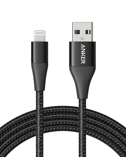 Black USB-A to Lightning cable with braided nylon jacket and molded connectors