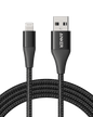 Black USB-A to Lightning cable with braided nylon jacket and molded connectors