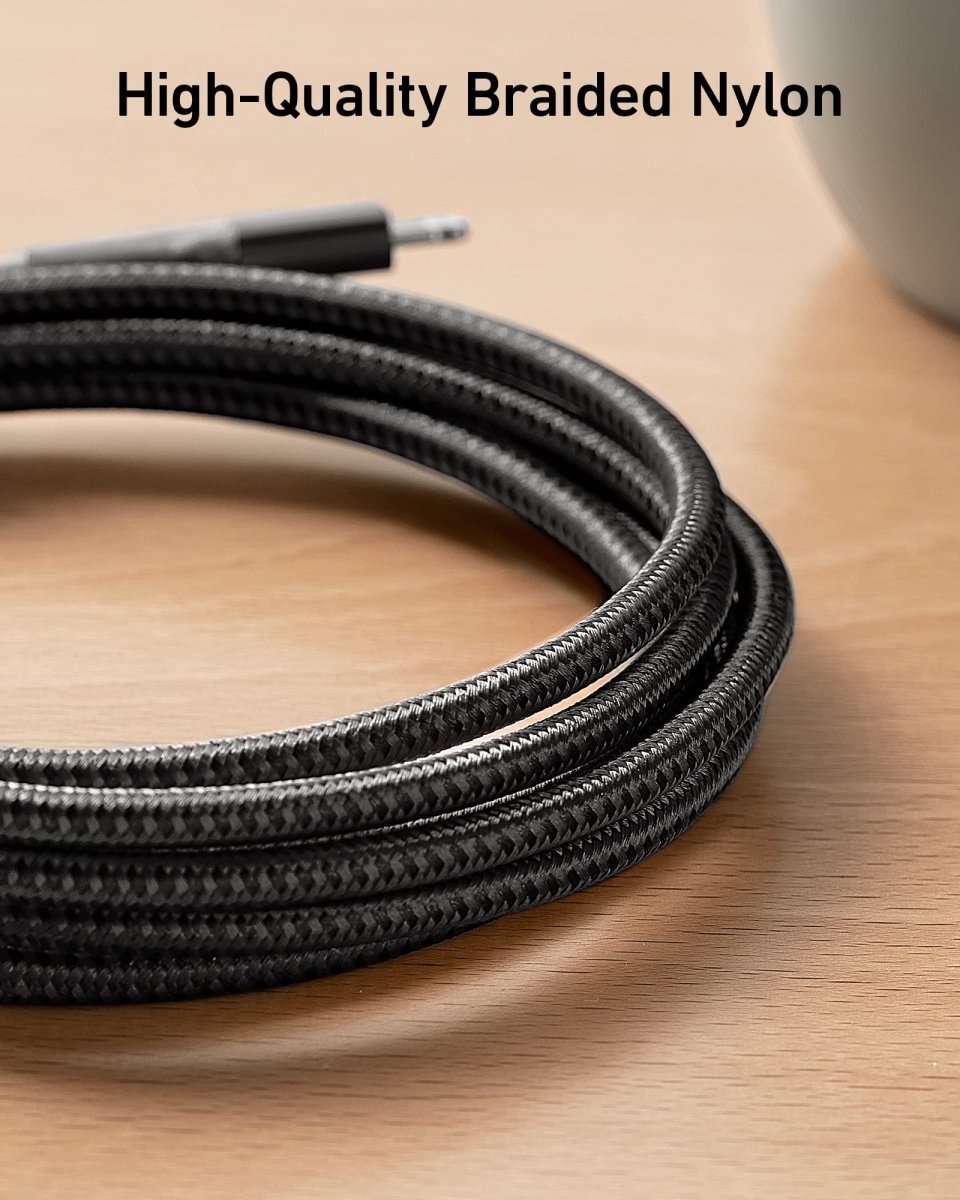 Black braided nylon cable with textured weave detail