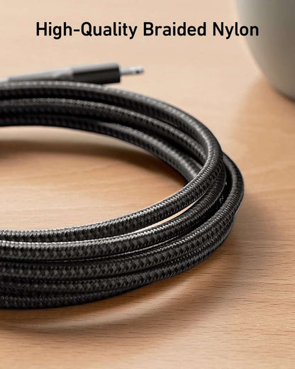 Black braided nylon cable with textured weave detail