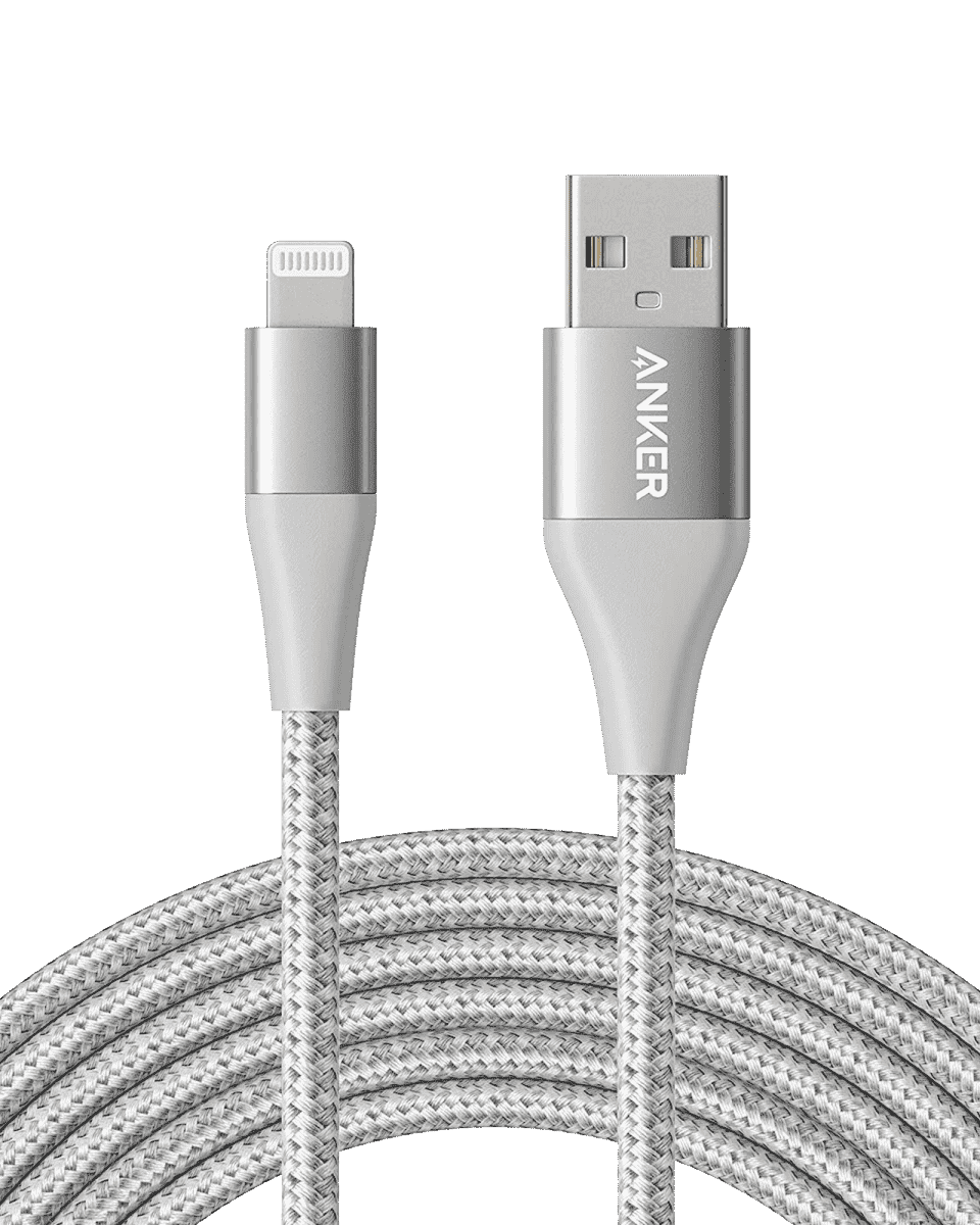 Silver USB-A to Lightning cable with braided nylon jacket and molded USB-A and Lightning ends