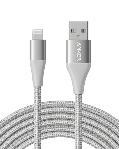 Silver USB-A to Lightning cable with braided nylon jacket and molded USB-A and Lightning ends