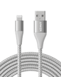 Silver USB-A to Lightning cable with braided nylon jacket and molded USB-A and Lightning ends