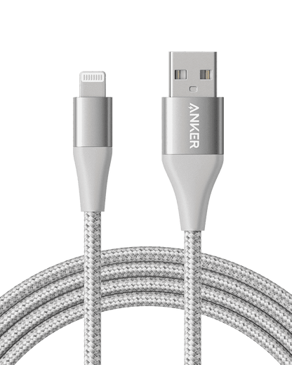 Silver USB-A to Lightning cable with braided nylon jacket and molded connector tips