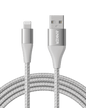 Silver USB-A to Lightning cable with braided nylon jacket and molded connector tips
