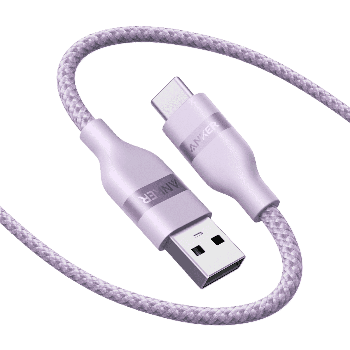 Violet braided USB-A to USB-C cable with USB-A and USB-C connectors