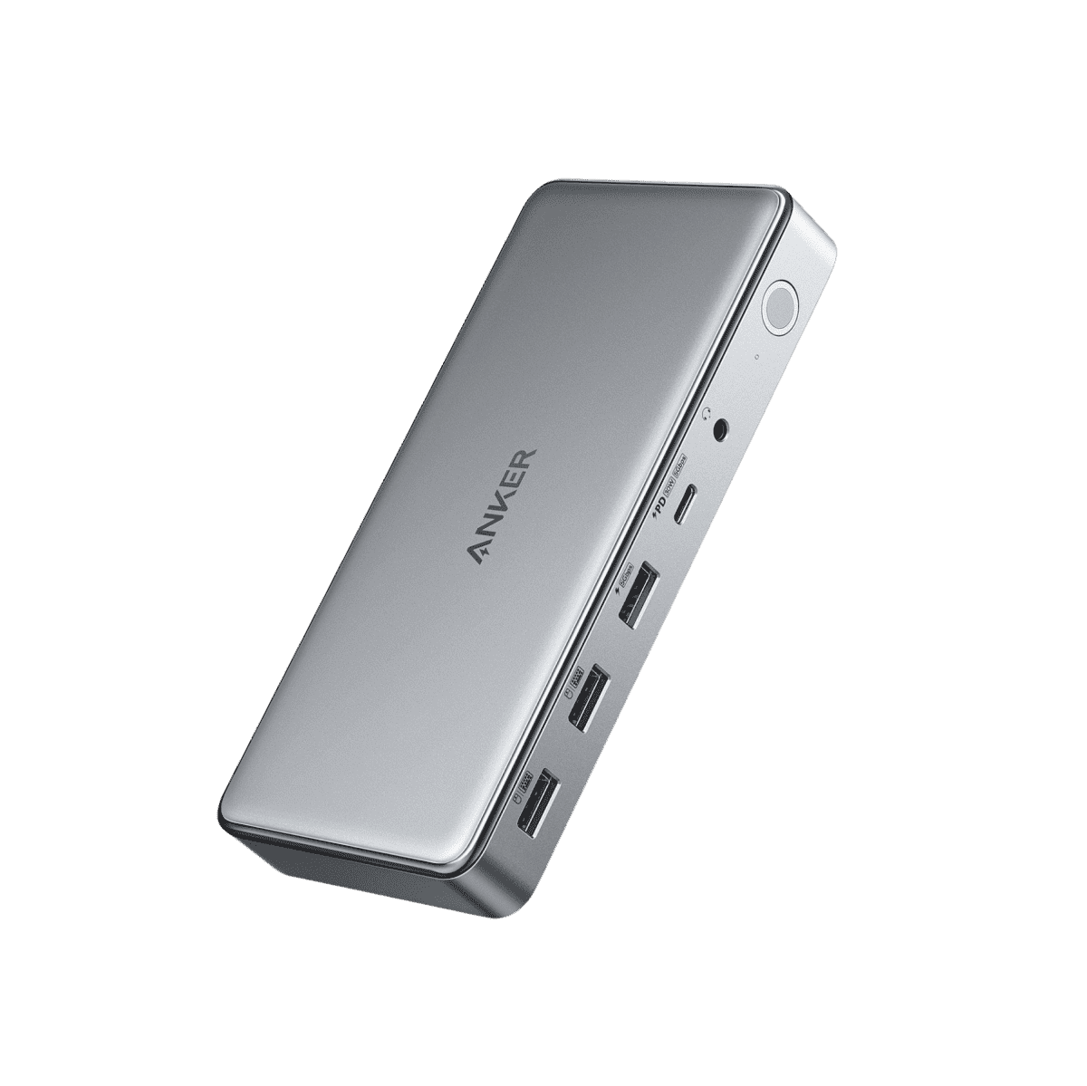 Anker USB-C docking station in grey with side USB ports and power switch