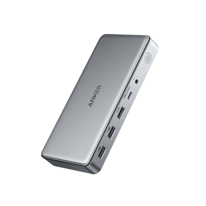 Anker USB-C docking station in grey with side USB ports and power switch