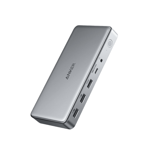 Anker USB-C docking station in grey with side USB ports and power switch