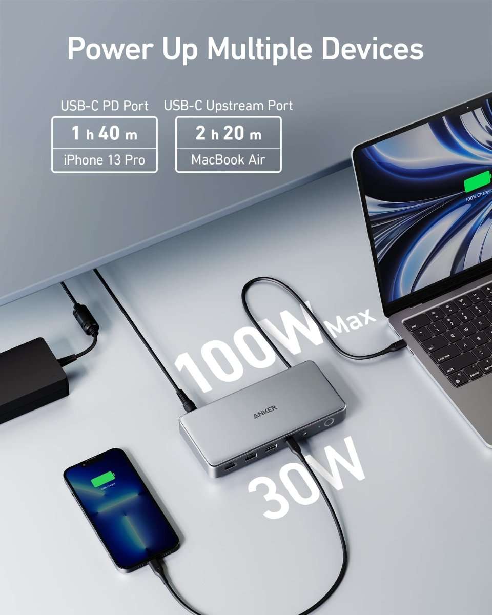 Grey USB-C docking station with USB ports and power indicator lights