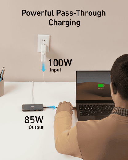 USB-C hub with pass-through charging connection, dark gray body