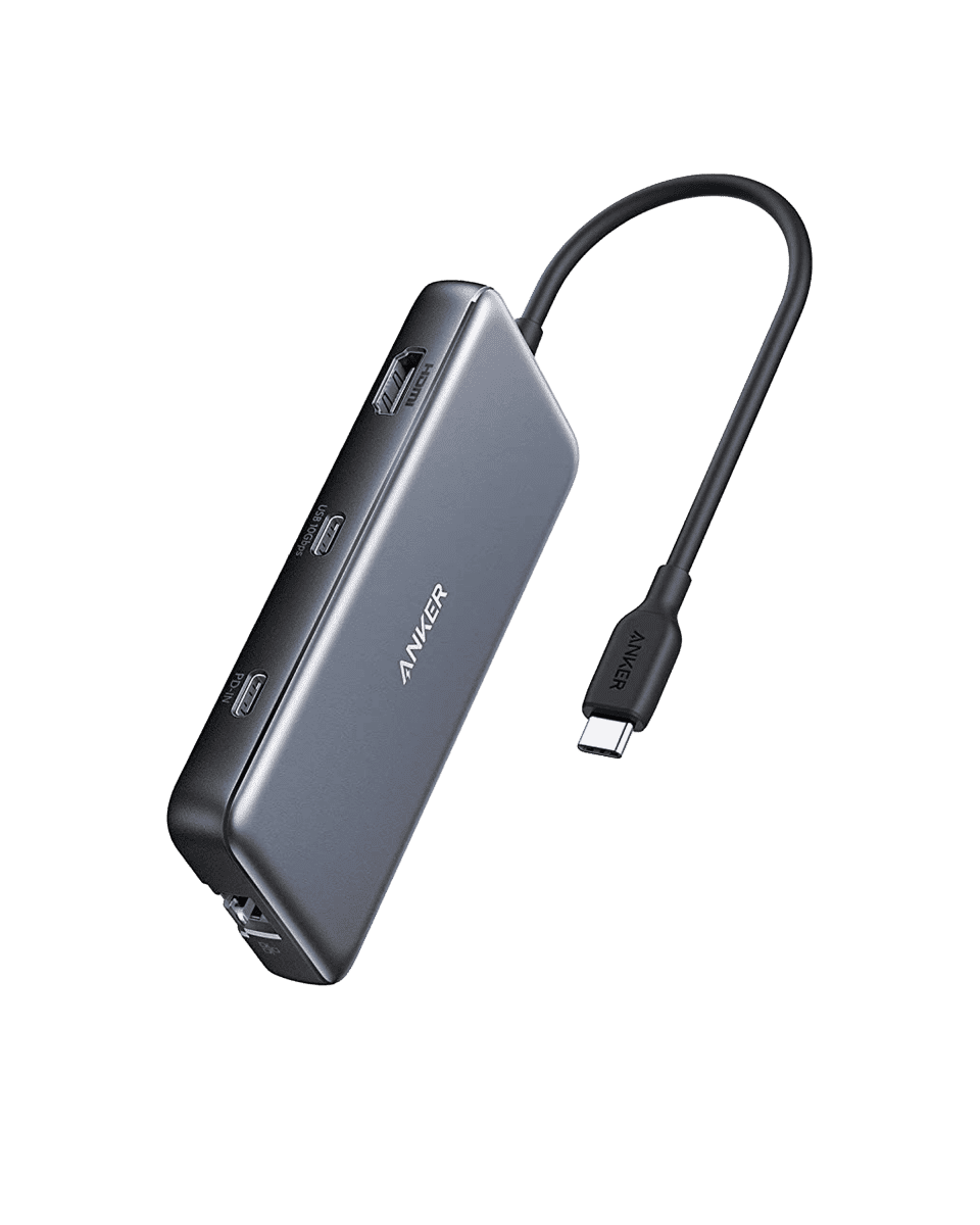 USB-C hub with multiport body and attached cable, dark gray with black ends