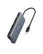 USB-C hub with multiport body and attached cable, dark gray with black ends