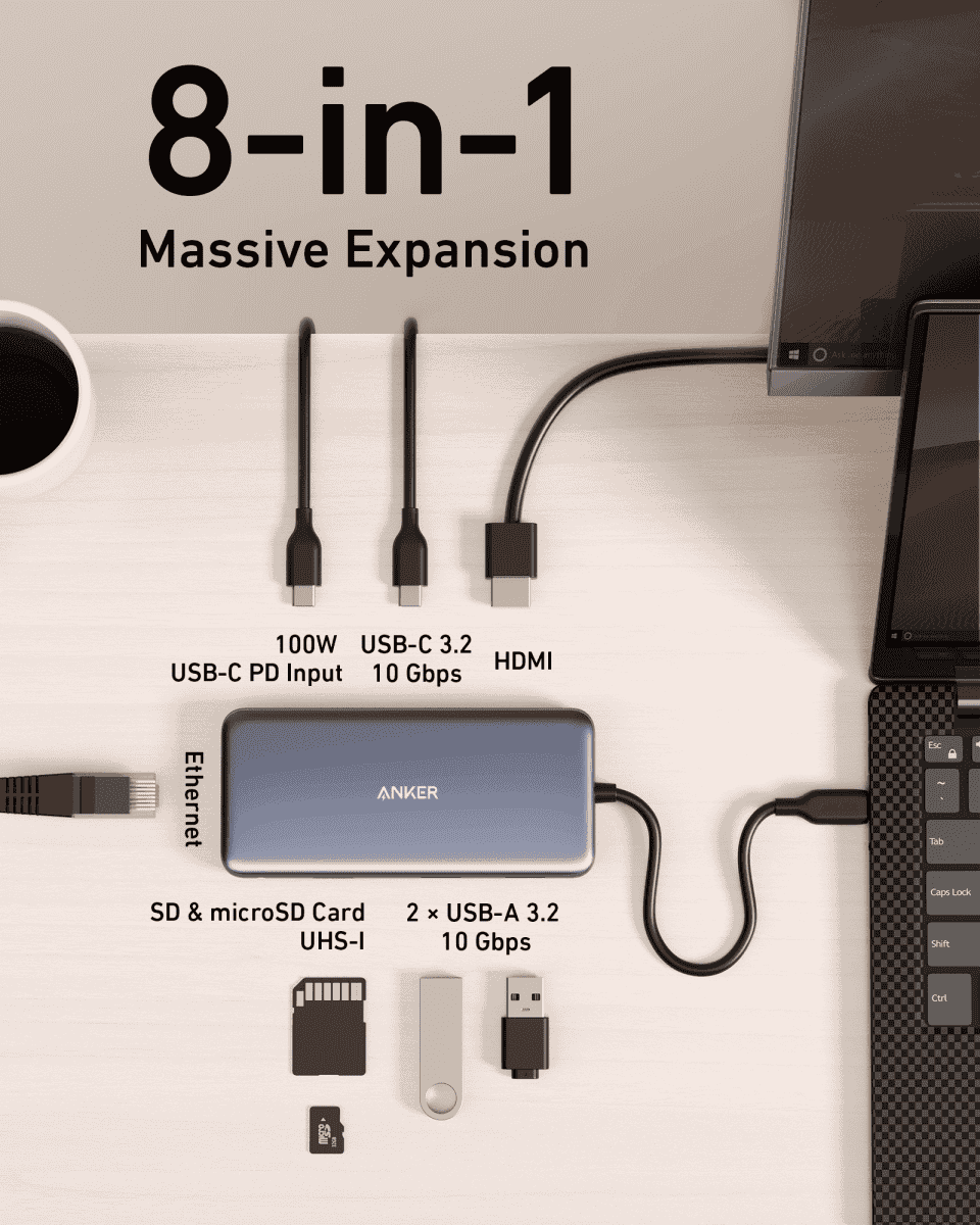 USB-C 8-in-1 hub with ports visible on a flat-lay display