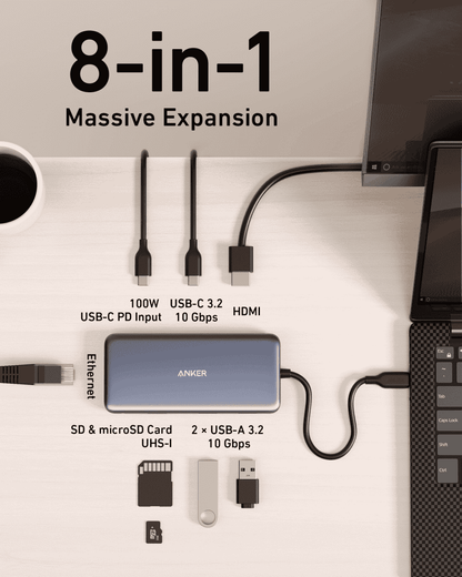 USB-C 8-in-1 hub with ports visible on a flat-lay display