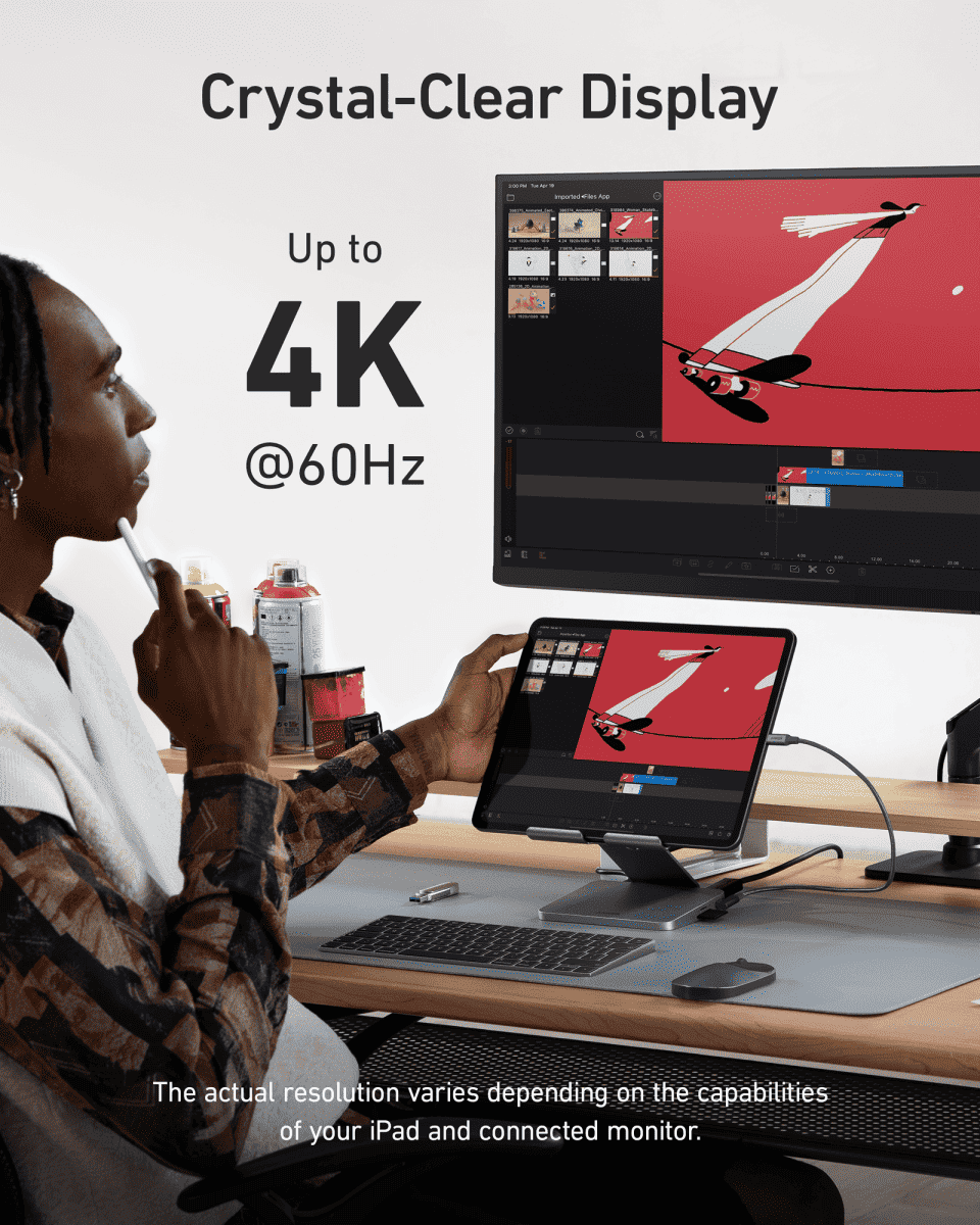 Anker gray tablet stand with USB-C hub base for external display