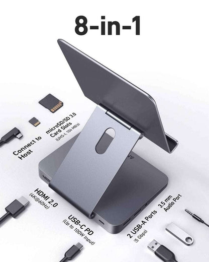Gray Anker USB‑C hub with tablet stand showing multiple ports and adapters
