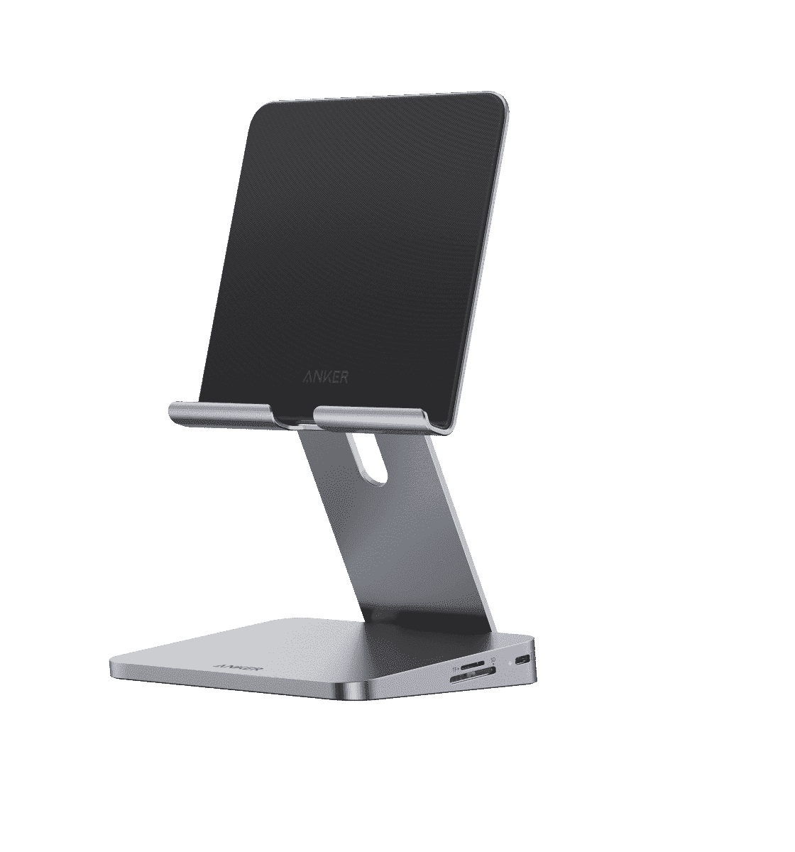 Gray Anker USB‑C hub with tablet stand and front port cluster