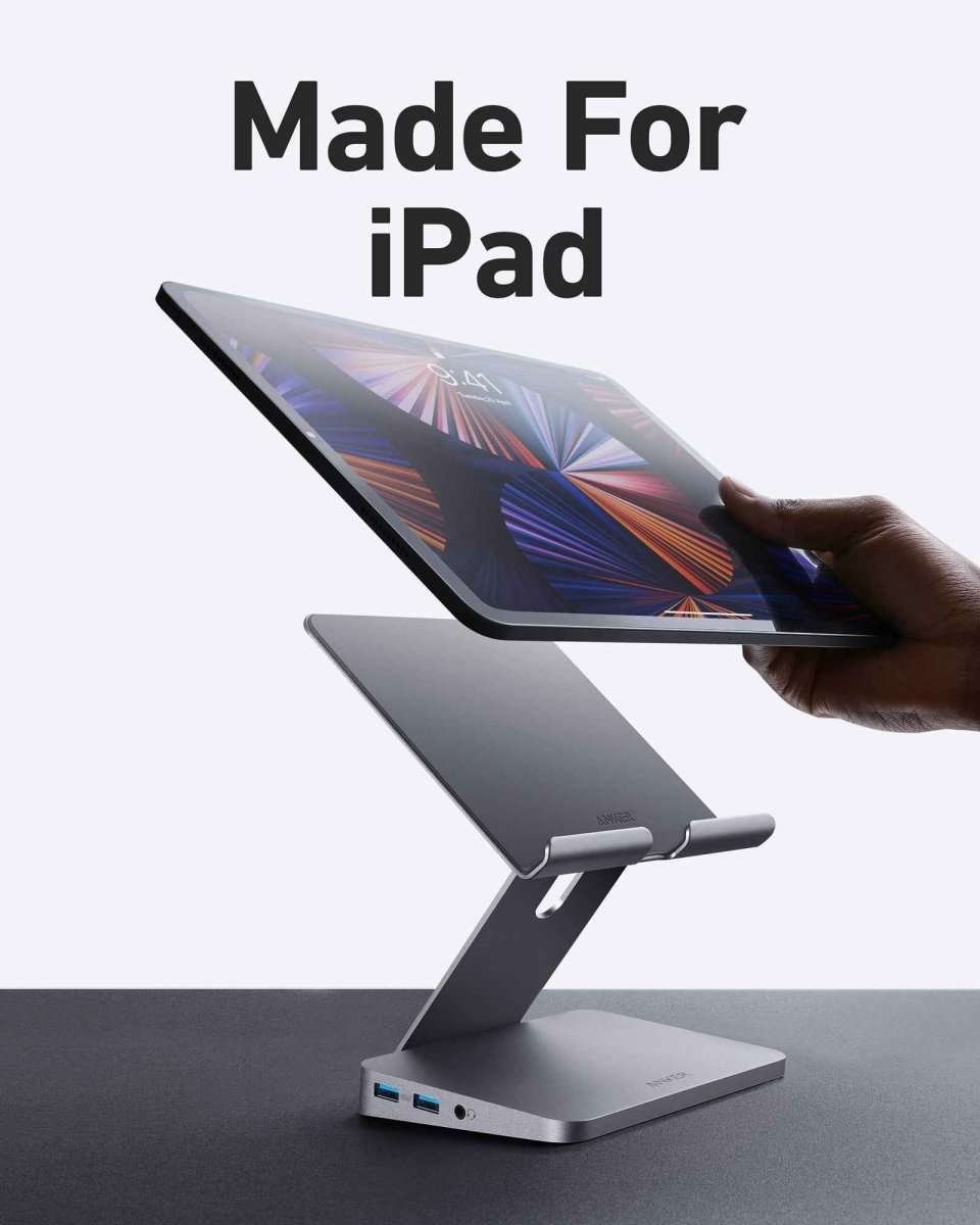 Anker USB‑C tablet stand hub in gray with tablet supported on raised dock