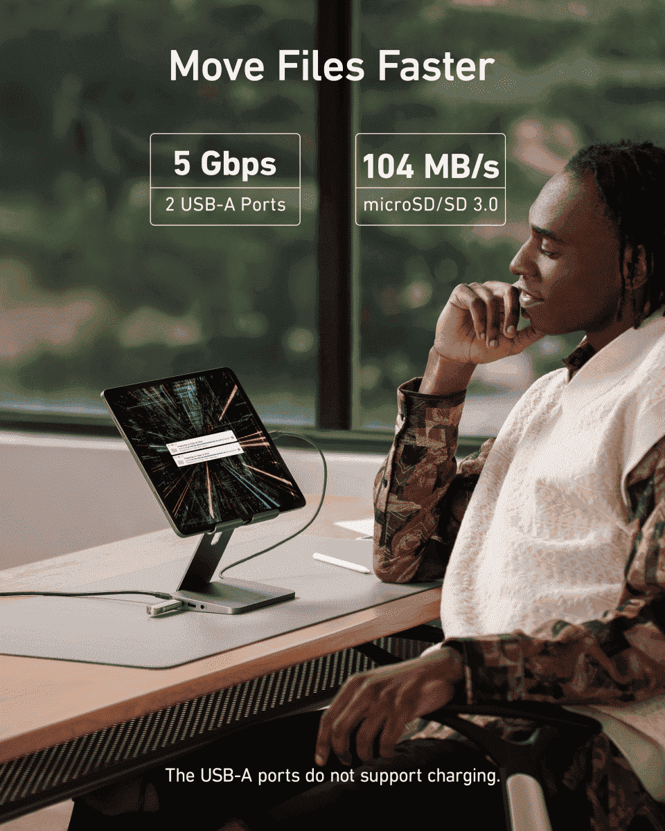 Gray Anker USB‑C tablet stand hub with front ports and adjustable support
