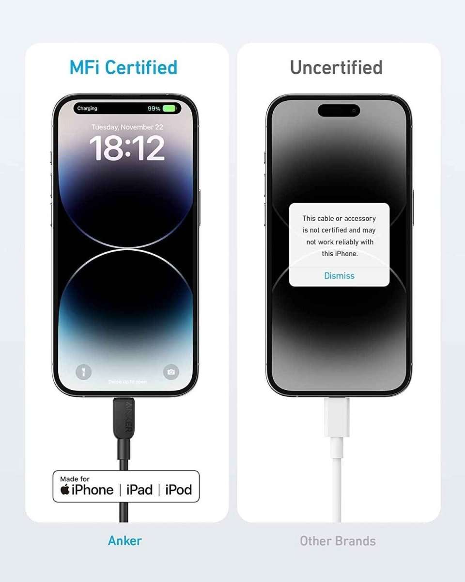 Anker USB-C to Lightning cable with iPhone shown for MFi certified vs uncertified