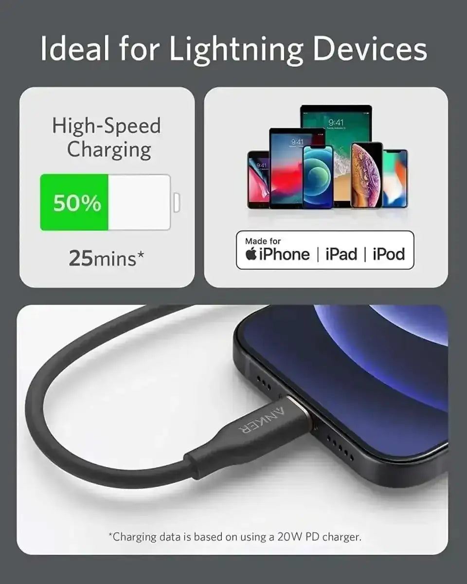Anker USB-C to Lightning Cable (Flow, 3 ft Silicone) Anker 3ft / Midnight Black 3ft / Cloud White 3ft / Coral Pink 3ft / Midnight Black-3ft / Cloud White-3ft / Coral Pink-3ft / Mint Green-3ft / Lavender Grey-6ft / Midnight Black-6ft / Cloud White-6ft / Coral Pink-6ft / Mint Green-6ft / Lavender Grey-