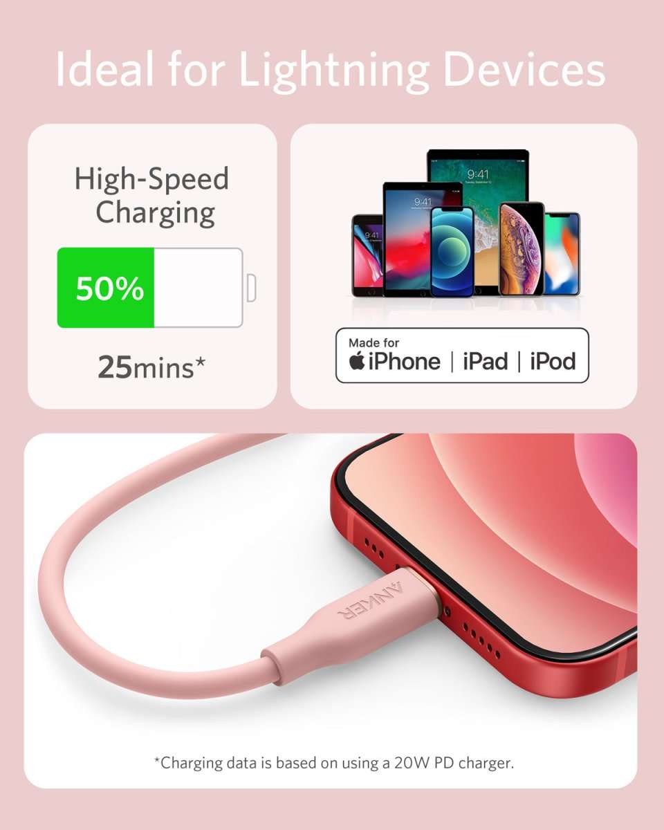 Anker USB-C to Lightning cable, coral pink silicone connecting to a Lightning device