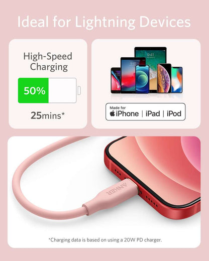 Anker USB-C to Lightning cable, coral pink silicone connecting to a Lightning device