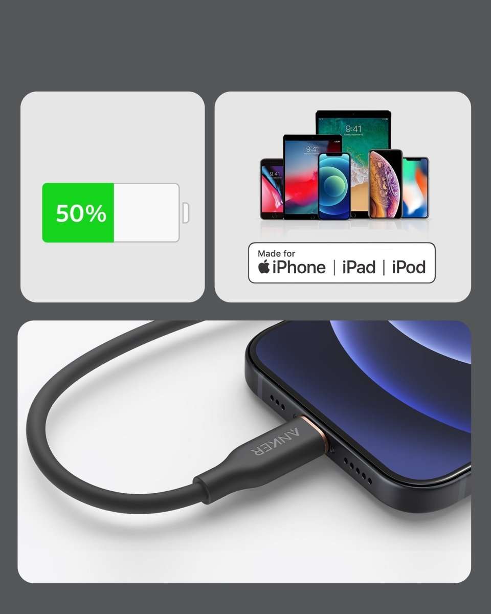 Anker USB-C to Lightning cable, black silicone jacket, Lightning and USB-C connectors