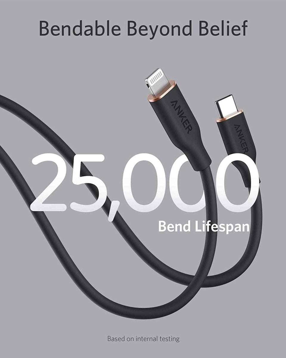 Coiled black USB-C to Lightning cable with Lightning and USB-C connectors visible.