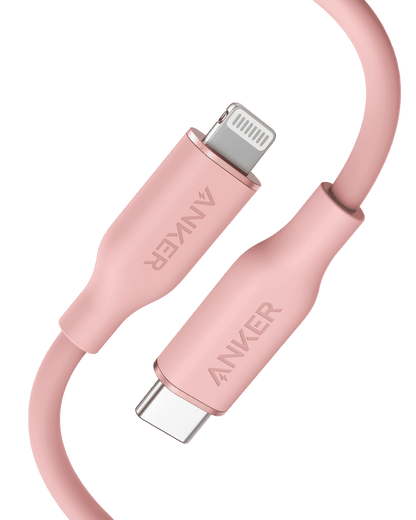 USB-C to Lightning cable in coral pink silicone with USB-C and Lightning ends