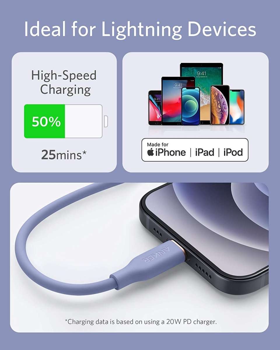 USB-C to Lightning cable with blue silicone, USB-C end and Lightning connector shown