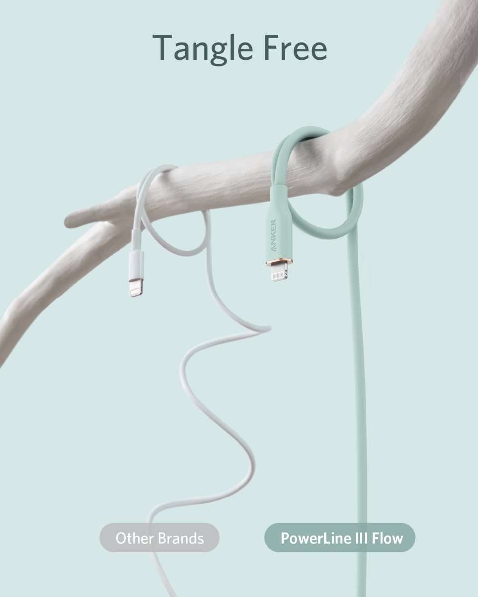 Mint green silicone USB-C to Lightning cable with USB-C and Lightning connectors