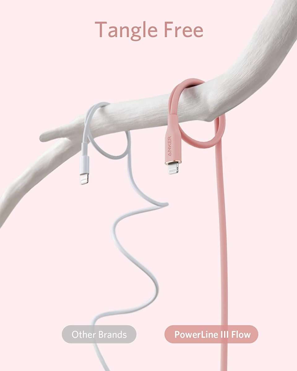 Coral pink USB-C to Lightning cable with tangle-free silicone cord