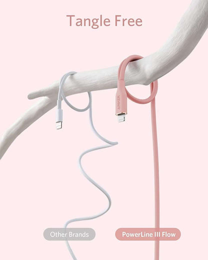 Coral pink USB-C to Lightning cable with tangle-free silicone cord