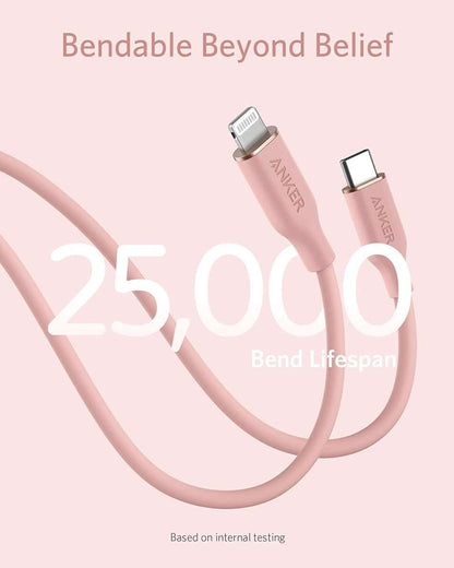 Coral pink USB-C to Lightning cable with Lightning and USB-C connectors