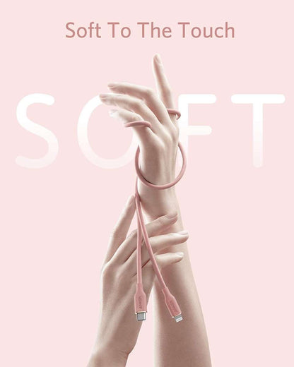Coral pink USB-C to Lightning cable with two connector ends