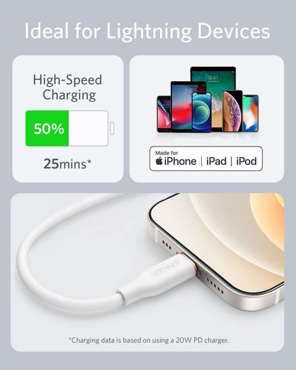 Anker USB-C to Lightning cable, white silicone connecting to a Lightning device