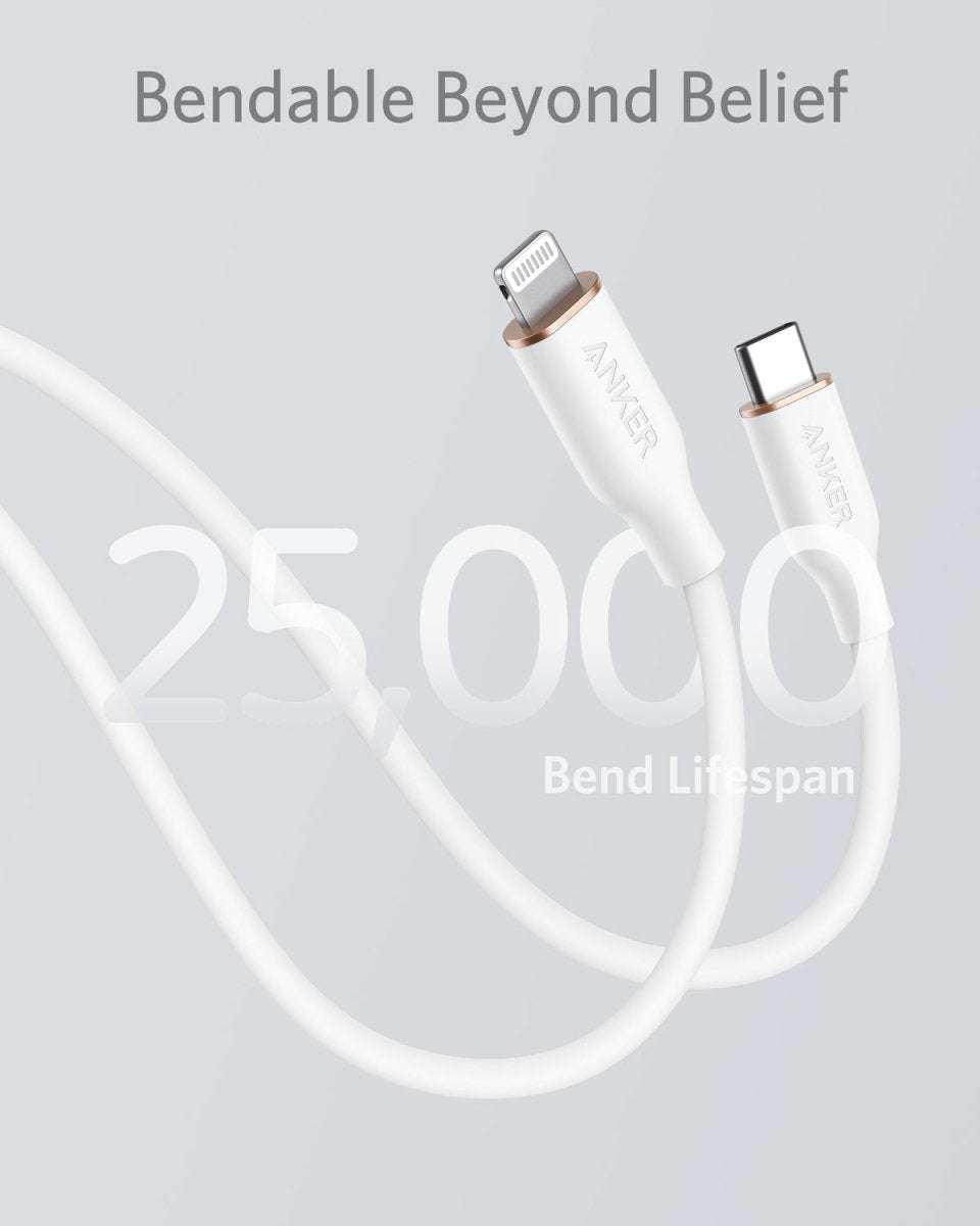 Anker USB-C to Lightning cable, white silicone jacket, USB-C and Lightning connectors