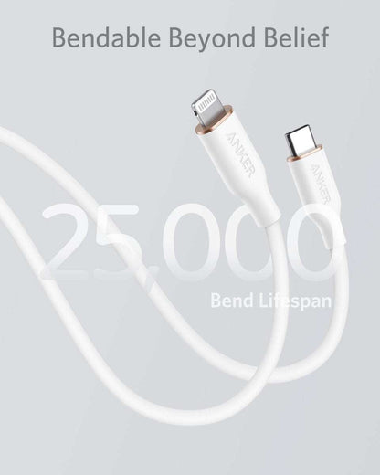 Anker USB-C to Lightning cable, white silicone jacket, USB-C and Lightning connectors