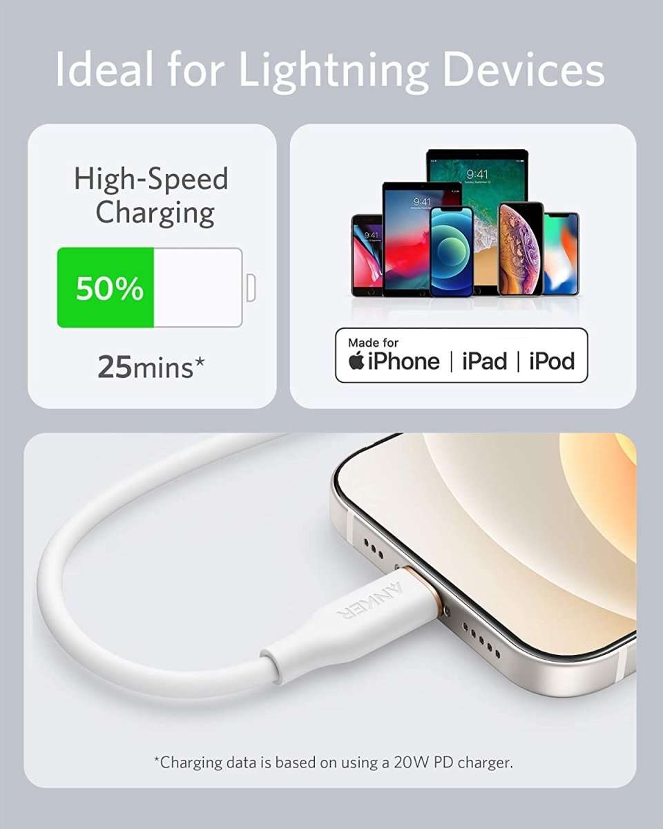 USB-C to Lightning cable with white jacket and charging Lightning device