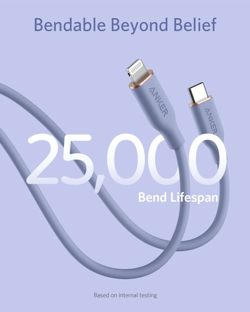 Lavender USB-C to Lightning cable with flexible bends and both connectors shown