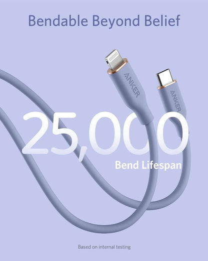 Lavender USB-C to Lightning cable with flexible bends and both connectors shown