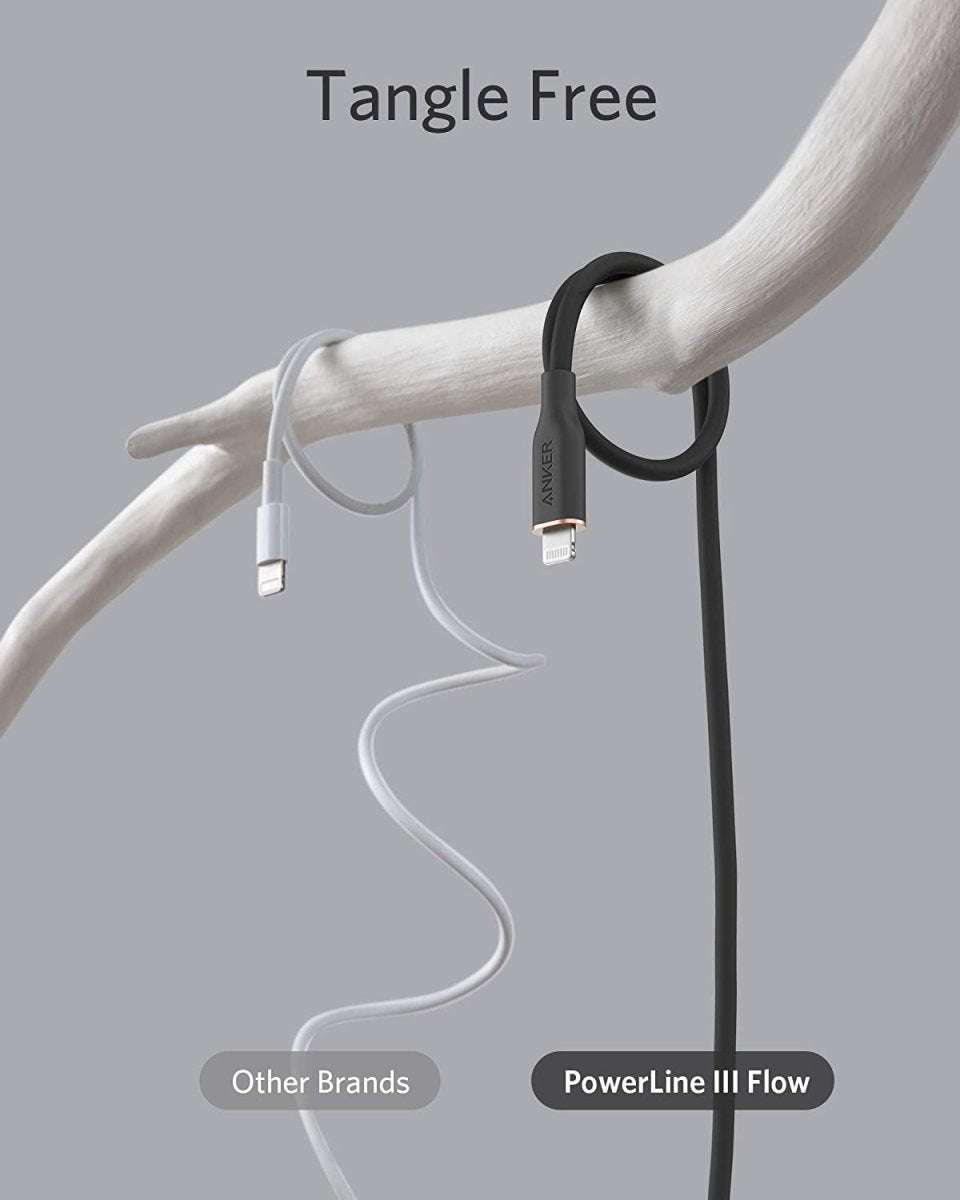 White USB-C to Lightning cable with Lightning and USB-C connectors, untangled.